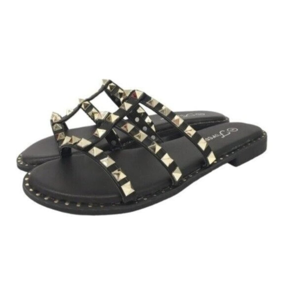 Studded Sandals Slide Black Gold  Women Size 6.5 Casual Summer Shoe Punk Grunge